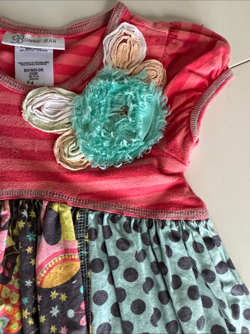 Bonnie Jean Size 4 Pink & Aqua Patchwork Bird Print Dress with Floral Applique - Picture 3 of 4